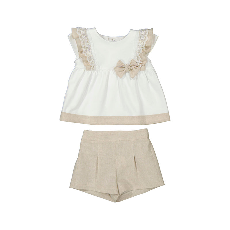 Mayoral Girls Beige & Ivory Cotton & Linen Shorts Set