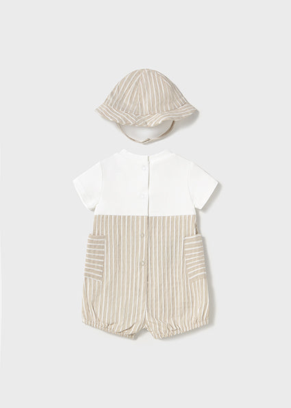 Mayoral Baby Boy Beige Stripe Cotton Romper & Hat Set
