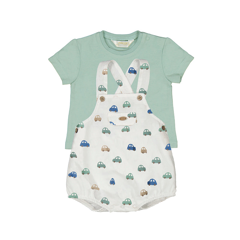 Mayoral Baby Boy Green Car Print Dungaree Set
