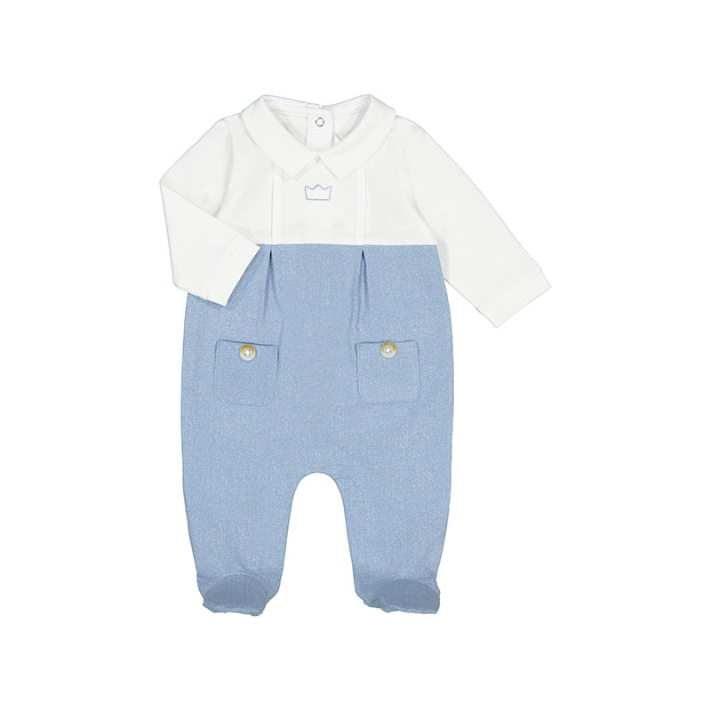 Mayoral Baby Boy Blue & Ivory Crown Motif Cotton Babygrow