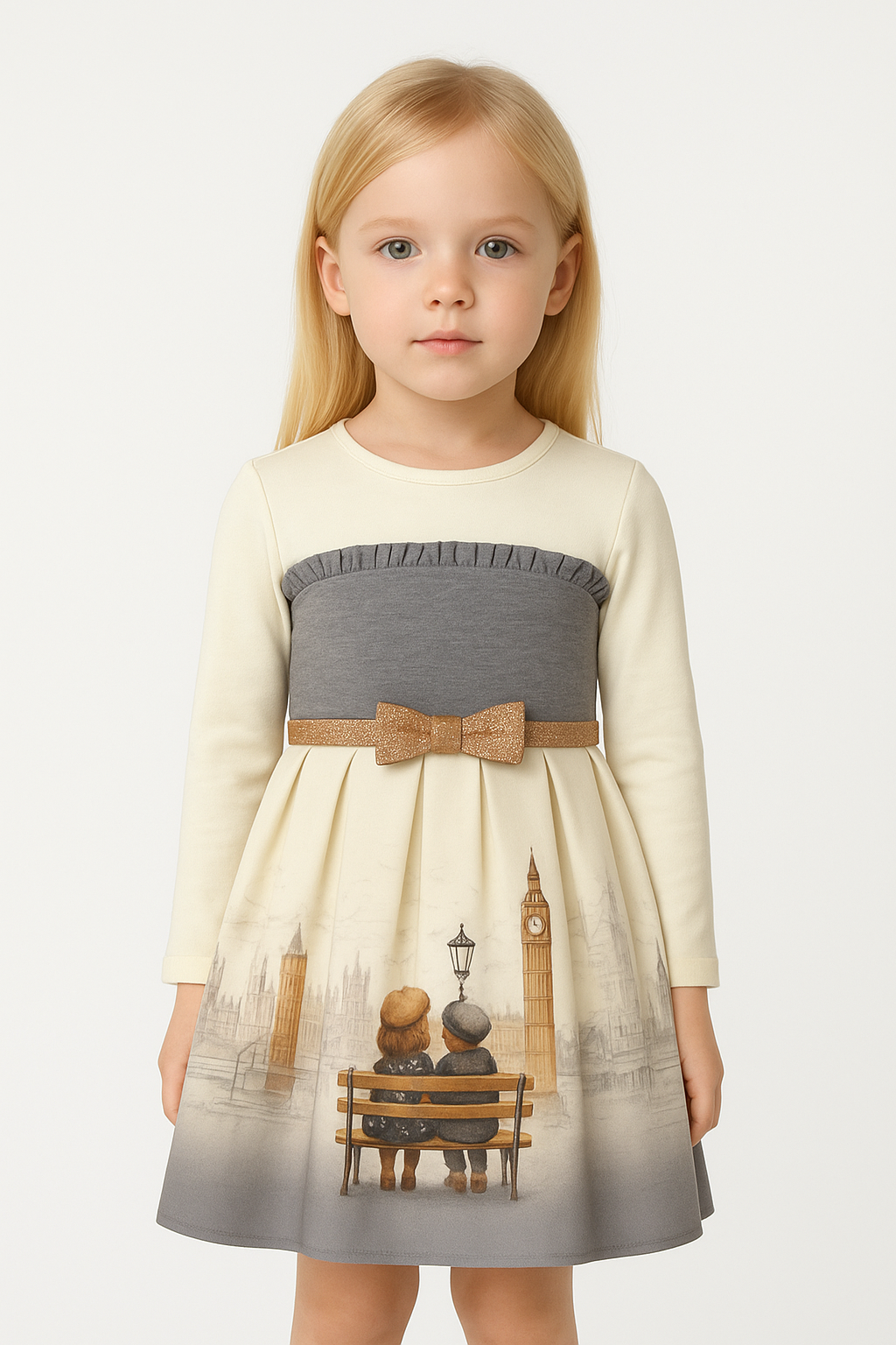 Miranda Girls Ivory & Grey London Print Dress
