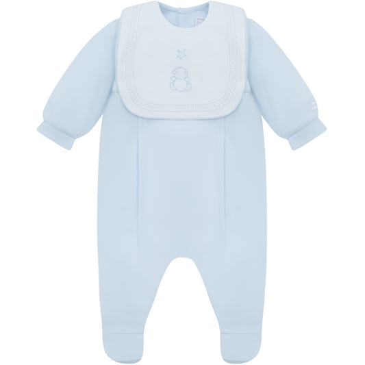 Emile et Rose Leonard Baby Boy Blue Cotton Babygrow with Detachable Bib
