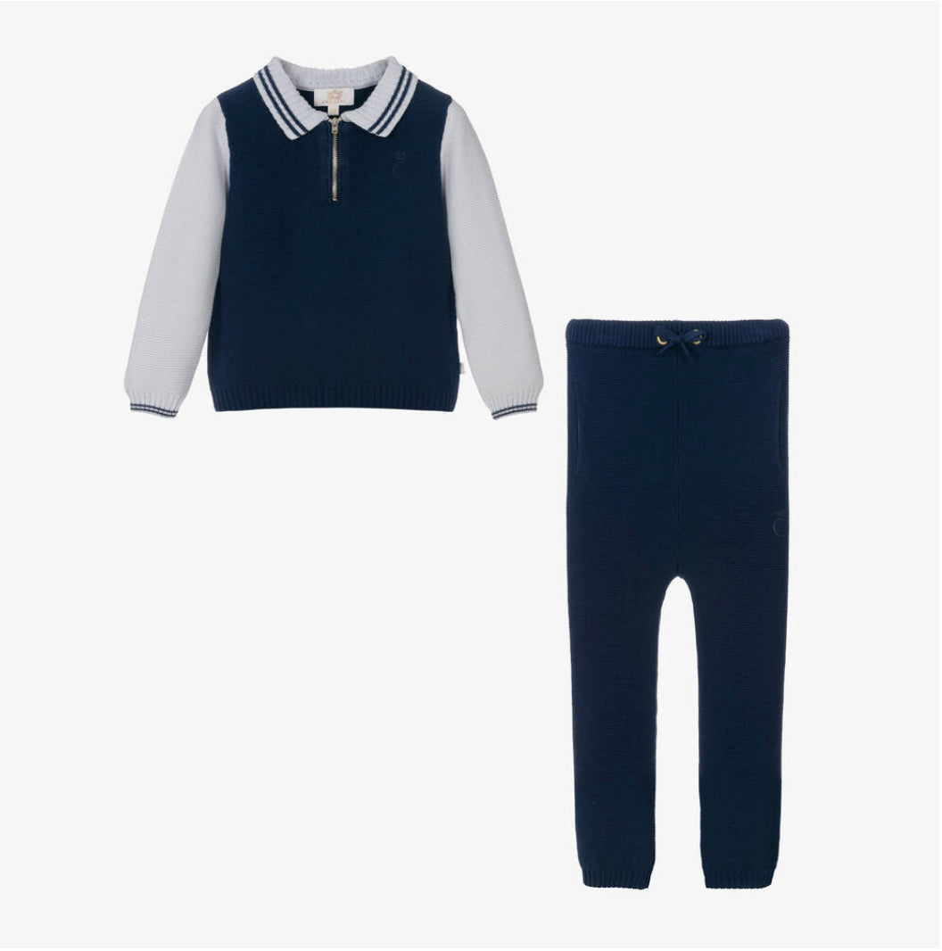 Caramelo Kids Boys Blue Knitted Polo Tracksuit Set