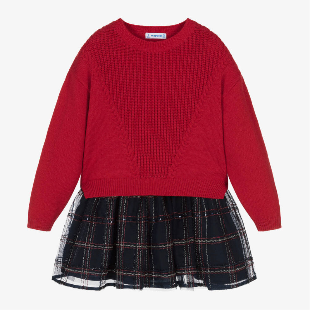 Mayoral Girls Red & Navy Cotton Dress Set