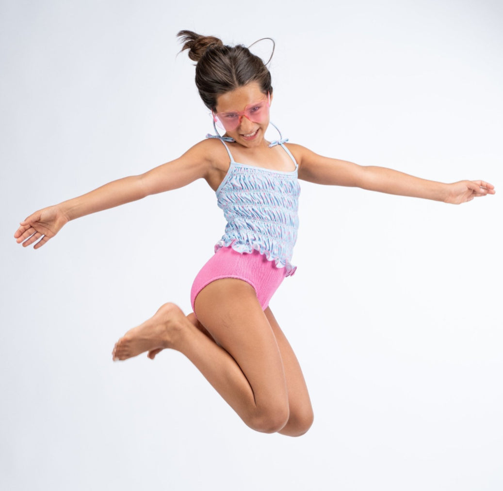 Paper Boat Girls Pink & Blue Ruched Swimming Costume