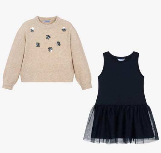 Mayoral Girls Beige & Navy Sparkly Dress Set