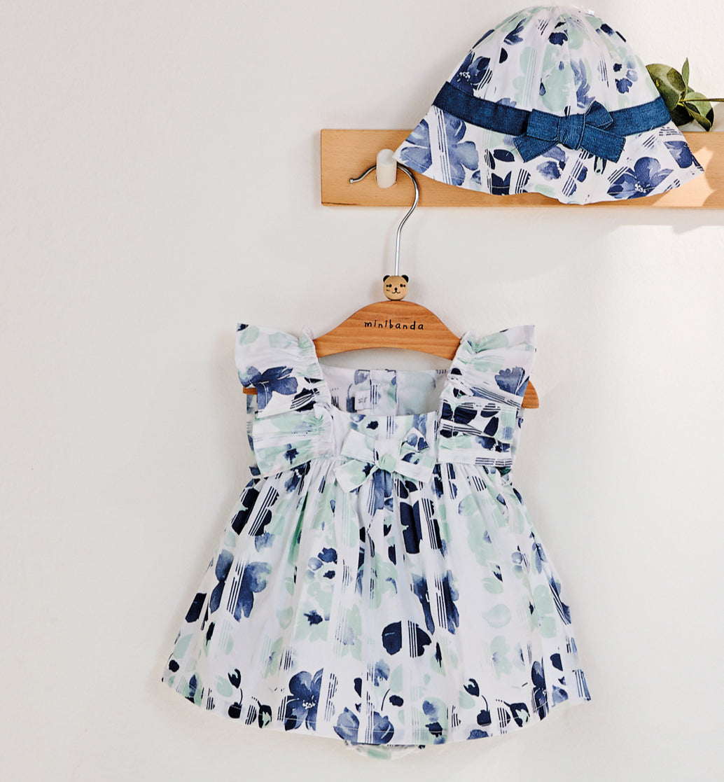 Minibanda Baby Girl Blue & White Floral Cotton Dress