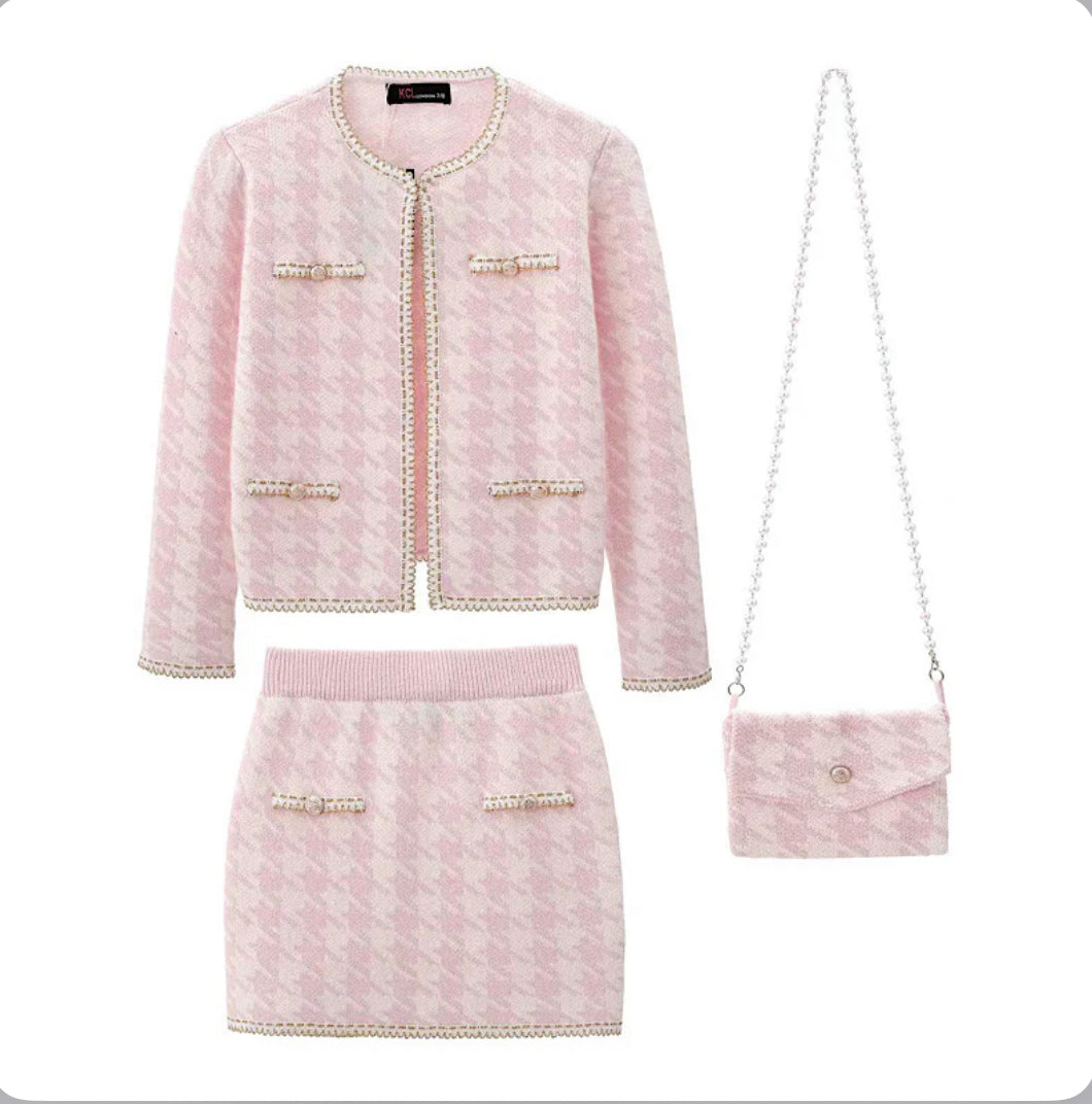 Girls Pink & Ivory Houndstooth Skirt Set & Bag