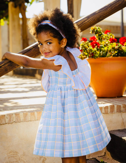 Rochy Girls Neon Blue Checked Cotton Dress
