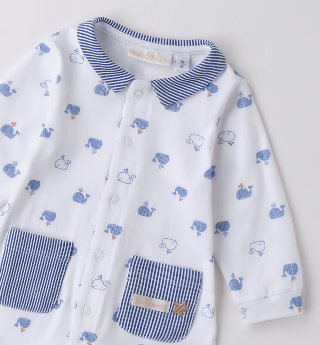 Minibanda Baby Boy Blue & White Print Cotton Babygrow