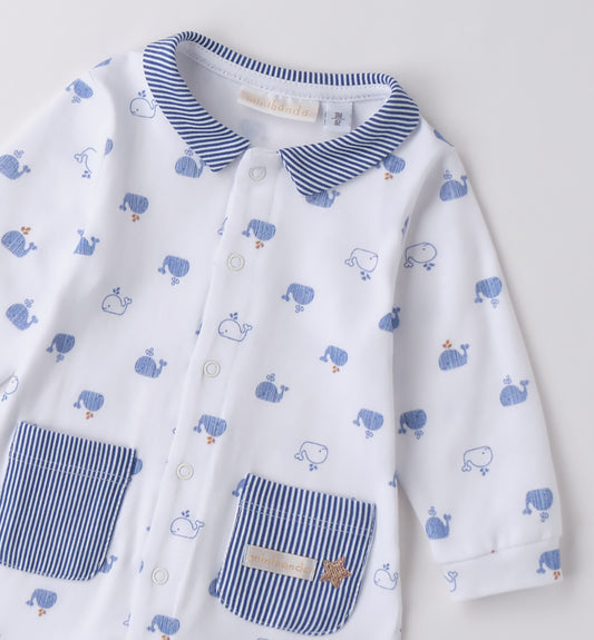Minibanda Baby Boy Blue & White Print Cotton Babygrow