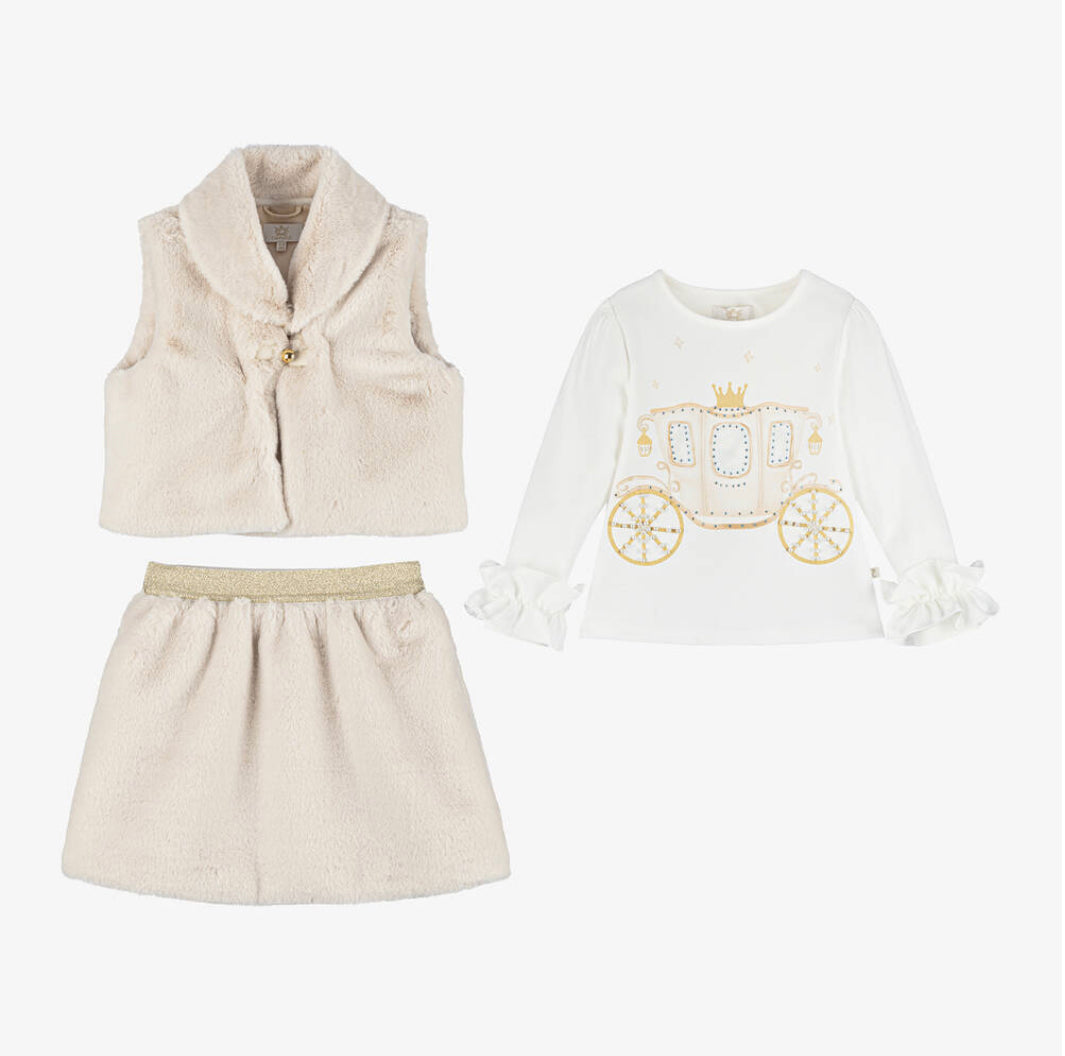 Caramelo Kids Girls Beige 3 Piece Faux Fur Skirt Set