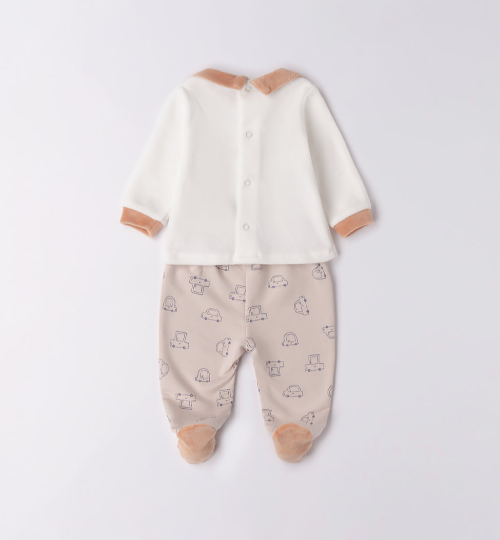 Minibanda Baby Boy Beige & Ivory Car Print 2 Piece Outfit