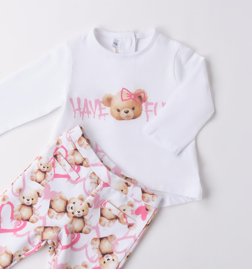 Minibanda Baby Girl Pink & Ivory Teddy Motif Legging Set