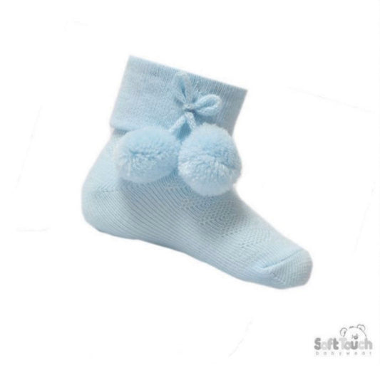 Baby Blue Pom Ankle Socks 0-6m