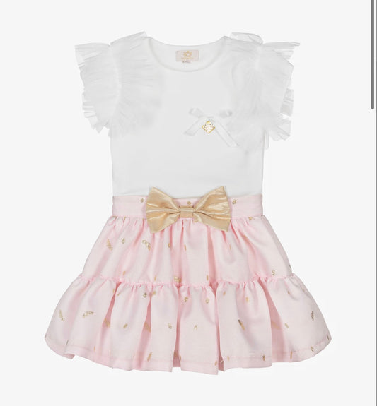 Caramelo Kids Girls Pink & White Skirt Set with Tulle & Gold