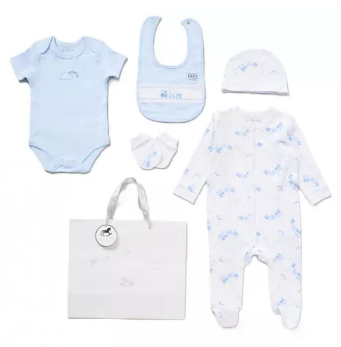 Baby Boy Blue Train Motif 5 Piece Layette Gift set