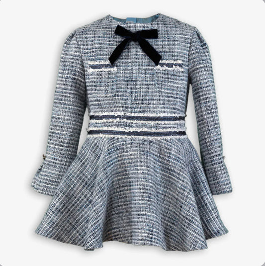 Miranda Girls Blue & Silver Glitter Tweed Dress