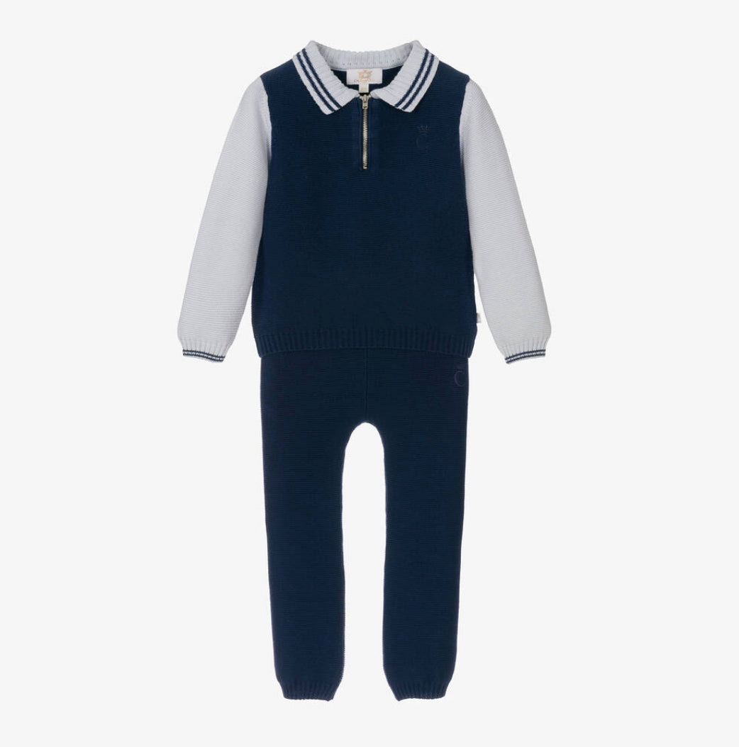 Caramelo Kids Boys Blue Knitted Polo Tracksuit Set