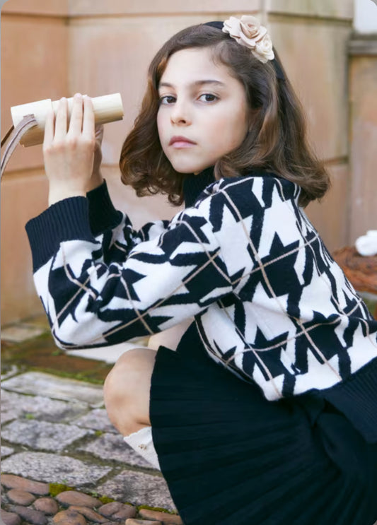 Abel & Lula Girls Black & Ivory Houndstooth Skirt Set