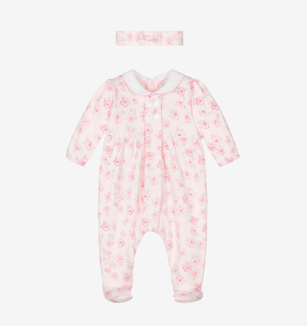 Emile et Rose Joanne Baby Girl Pink Floral Cotton Babygrow & Headband