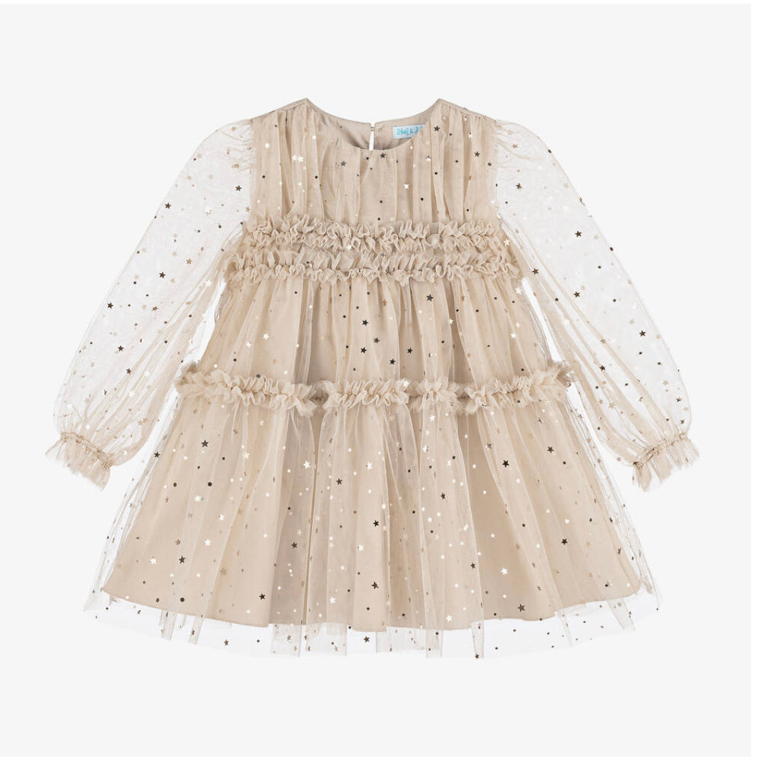 Abel & Lula Girls Beige & Gold Star Tulle Dress Little Darlings Closet Abel & Lula Girls Beige & Gold Star Tulle Dress Little Darlings Closet