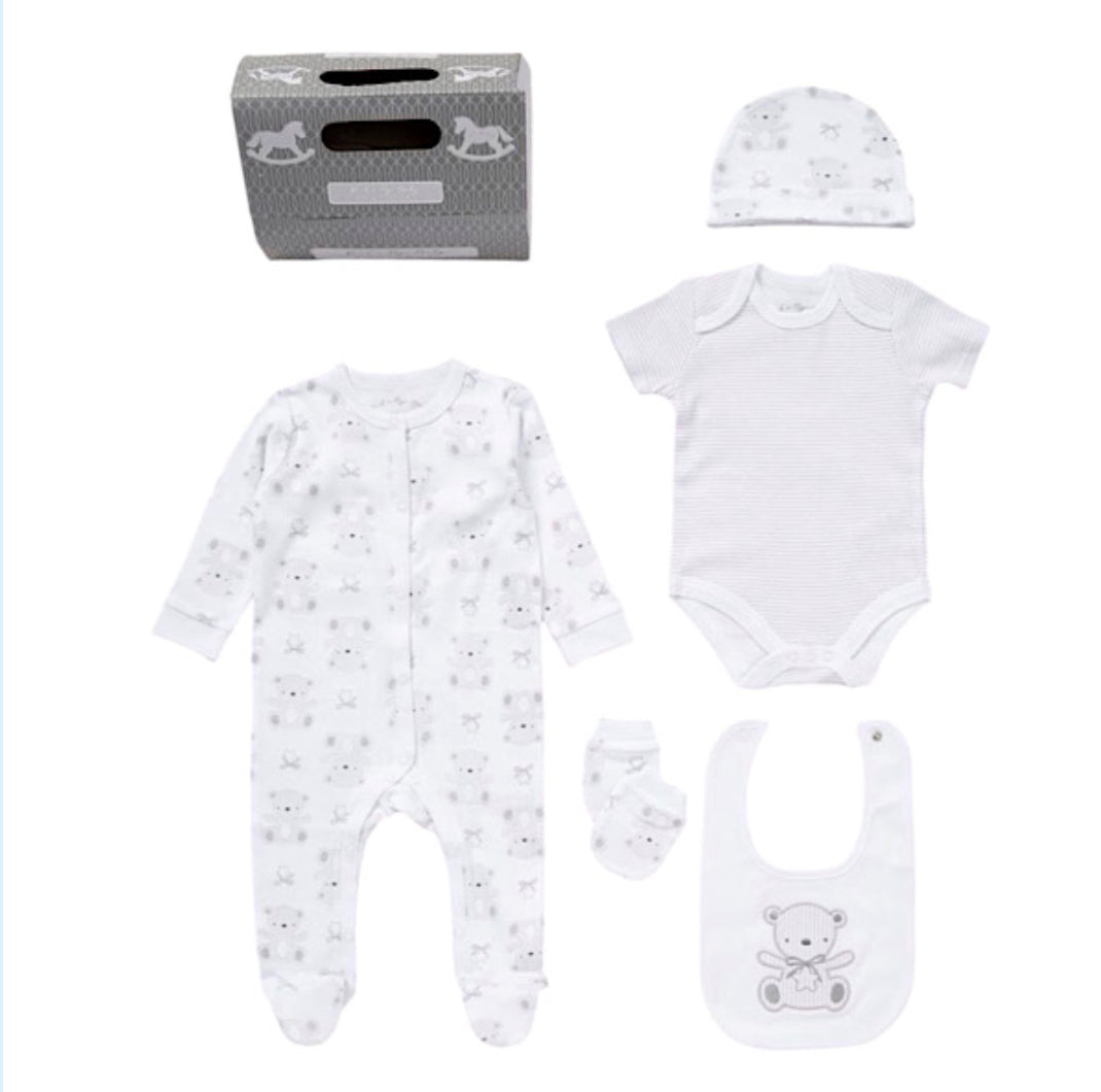 Baby Unisex White Teddy Motif 5 Piece Cotton Layette Gift Set