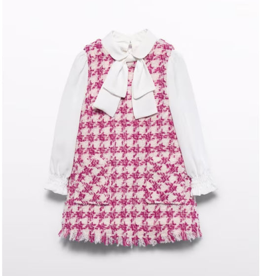 Abel & Lula Girls Pink Houndstooth Tweed Dress