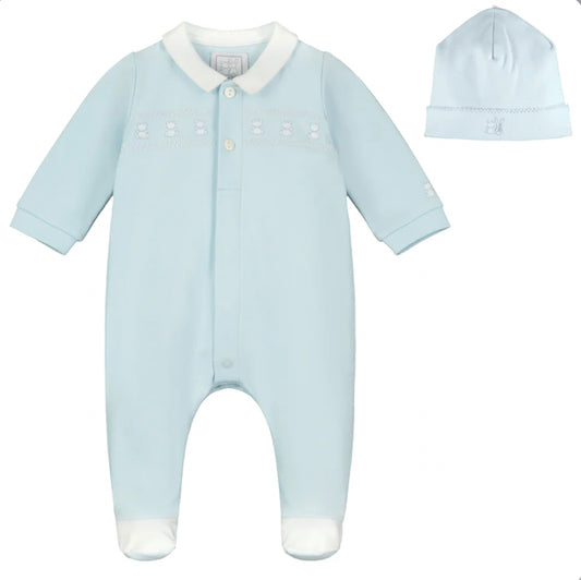 Emile et Rose Fisher Baby Boy Blue Cotton Babygrow & Hat Set