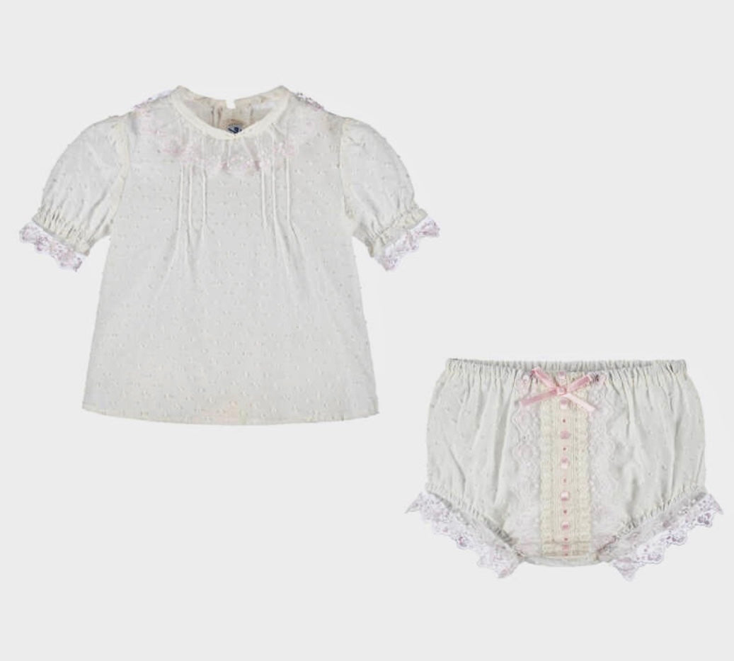 Miranda Baby Girl Pink & Ivory Cotton Shorts Set