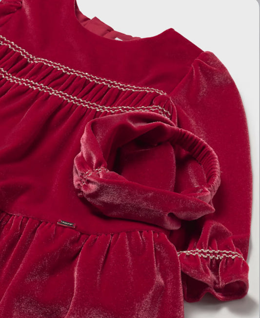 Mayoral Girls Red Velvet Smocked Dress & Headband