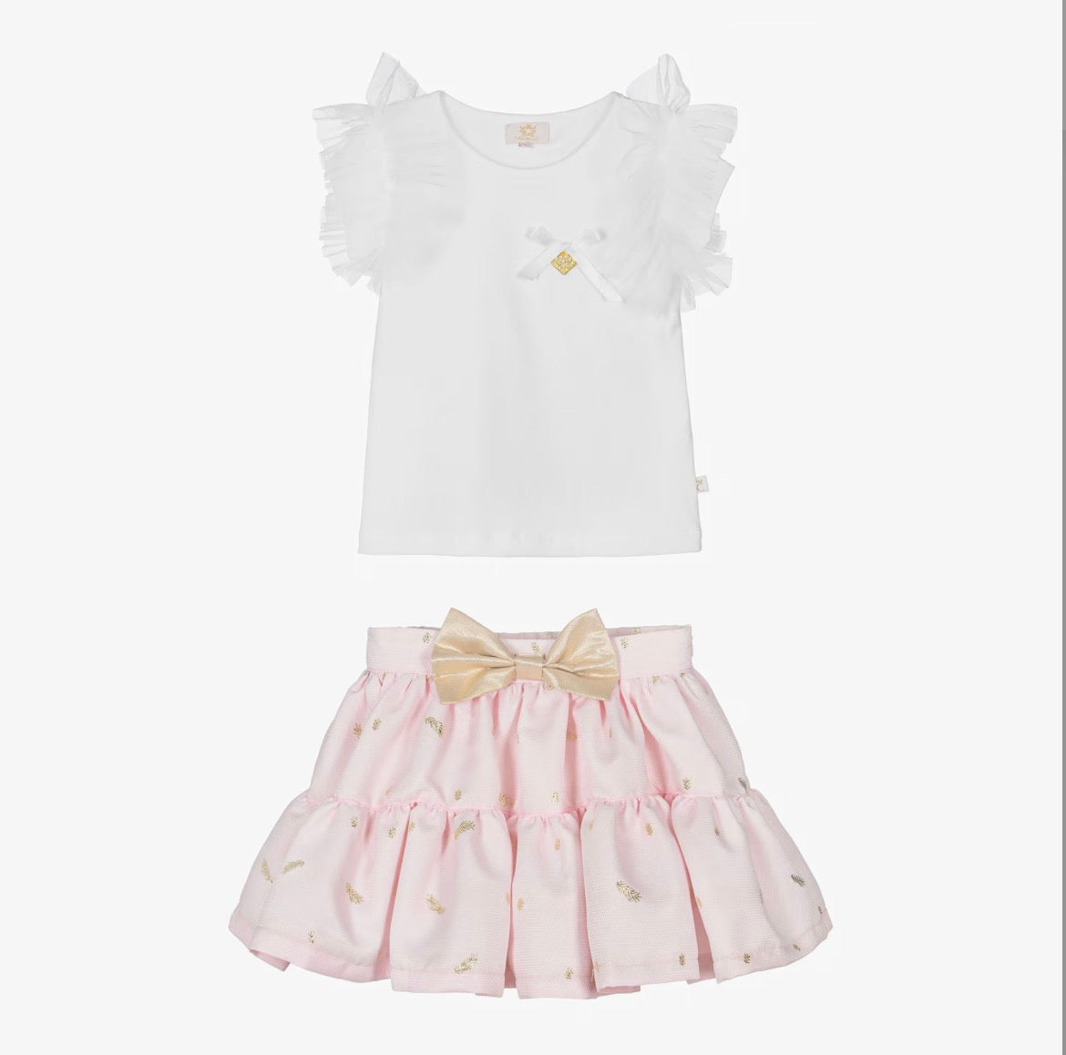 Caramelo Kids Girls Pink & White Skirt Set with Tulle & Gold