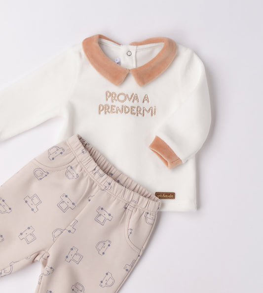 Minibanda Baby Boy Beige & Ivory Car Print 2 Piece Outfit