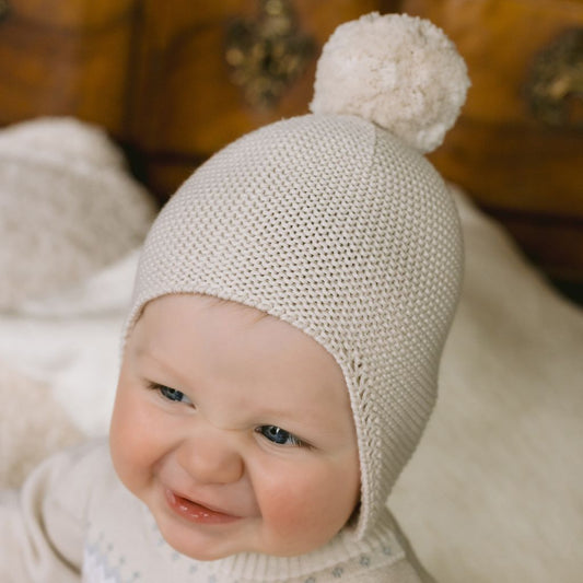 Emile et Rose Kenton Beige Unisex Baby Cotton Pom Pom Hat