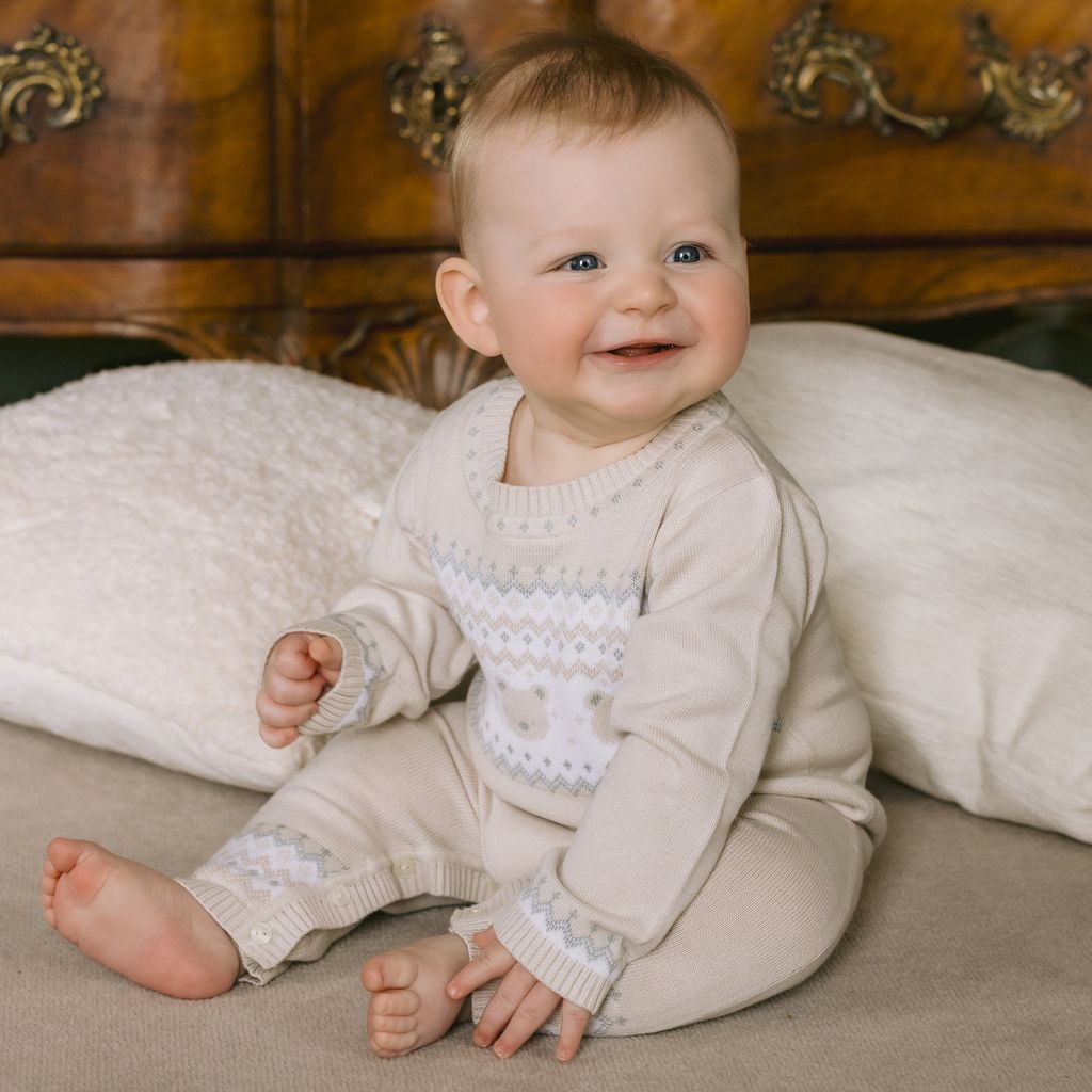 Emile et Rose Kristian Baby Boy Beige Cotton Knit Romper & Hat