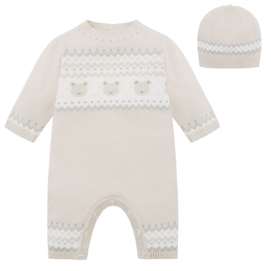 Emile et Rose Kristian Baby Boy Beige Cotton Knit Romper & Hat