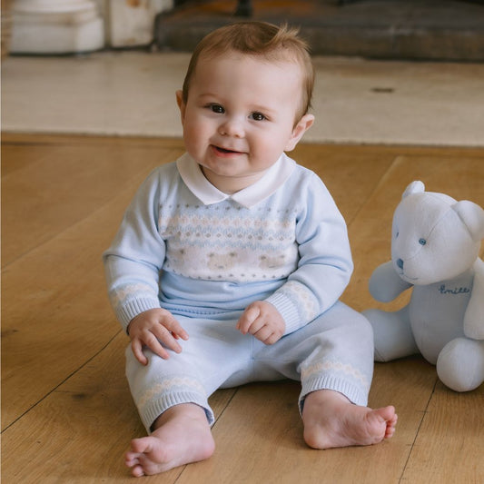 Emile et Rose Kristian Baby Boy Blue Cotton Knit Romper & Hat