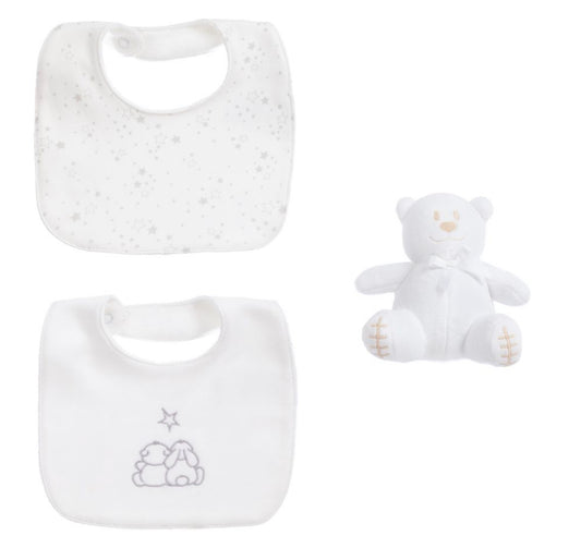 Emile et Rose Unisex Bibs and Teddy White Baby Gift set