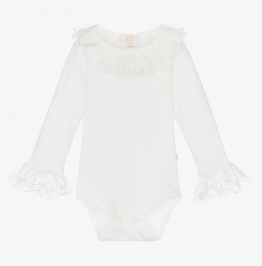 Caramelo Kids Baby Girl Ivory Cotton & Lace Long-sleeved Bodysuit