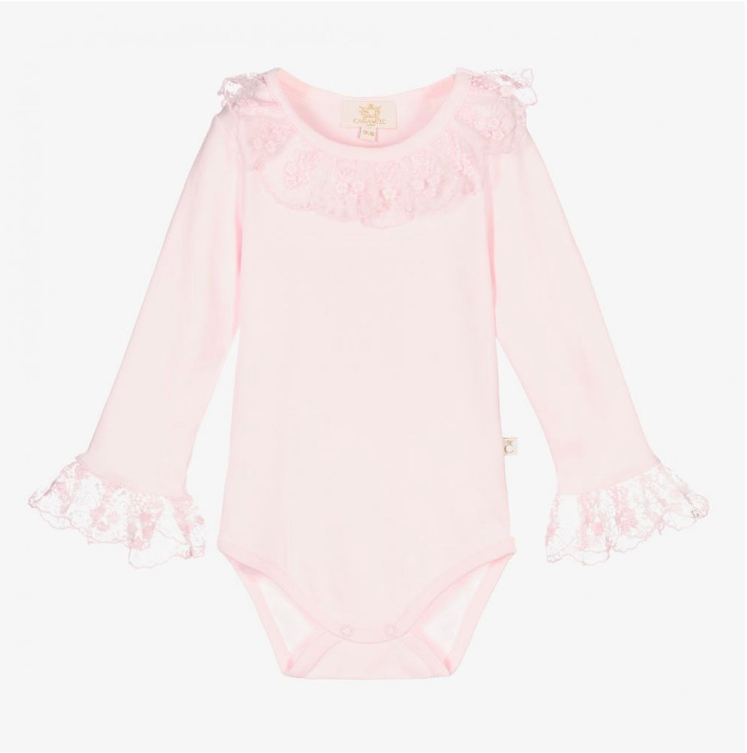 Caramelo Kids Pink Cotton & Lace Long-sleeved Bodysuit