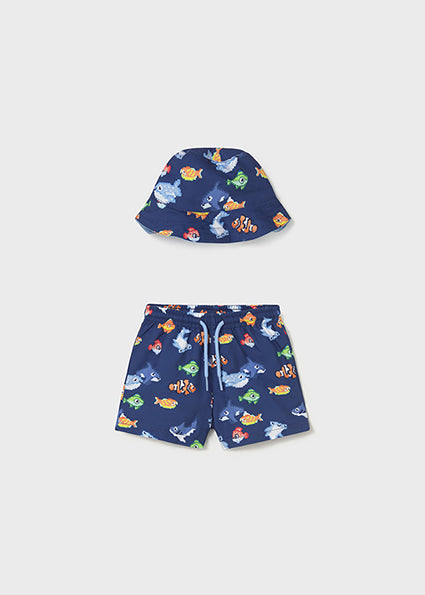 Mayoral Boys Blue FIsh Swimshorts & Hat Set