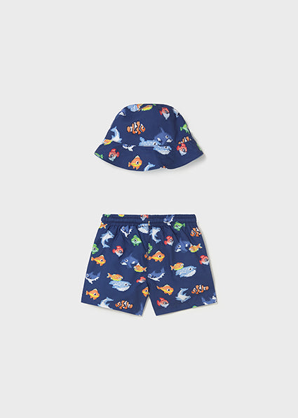 Mayoral Boys Blue FIsh Swimshorts & Hat Set
