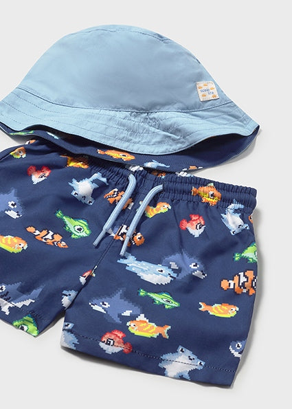 Mayoral Boys Blue FIsh Swimshorts & Hat Set