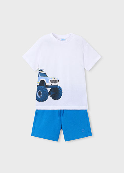 Mayoral Boys Blue & White Truck Motif Cotton Shorts Set