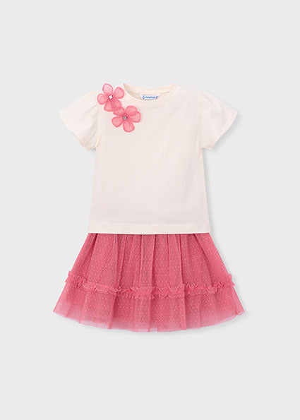 Mayoral Girls Pink & Ivory Tulle Skirt Set
