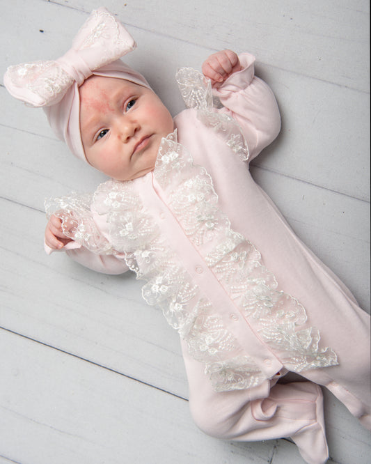 Caramelo Kids Baby Girl Pink Lace Babygrow & Hat Set