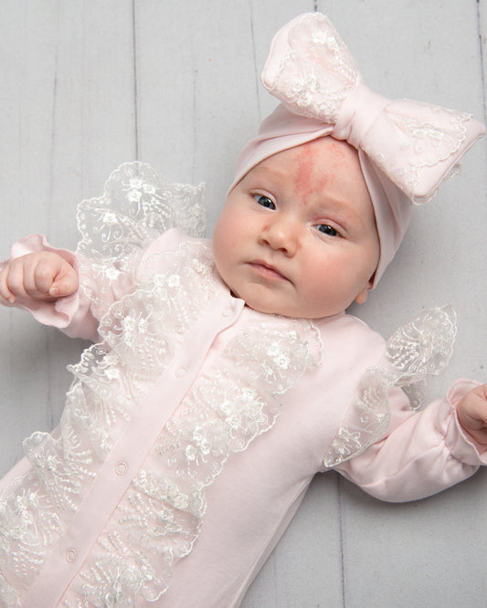 Caramelo Kids Baby Girl Pink Lace Babygrow & Hat Set