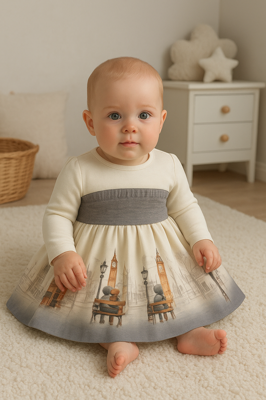 Miranda Baby Girl Ivory & Grey London Print Dress
