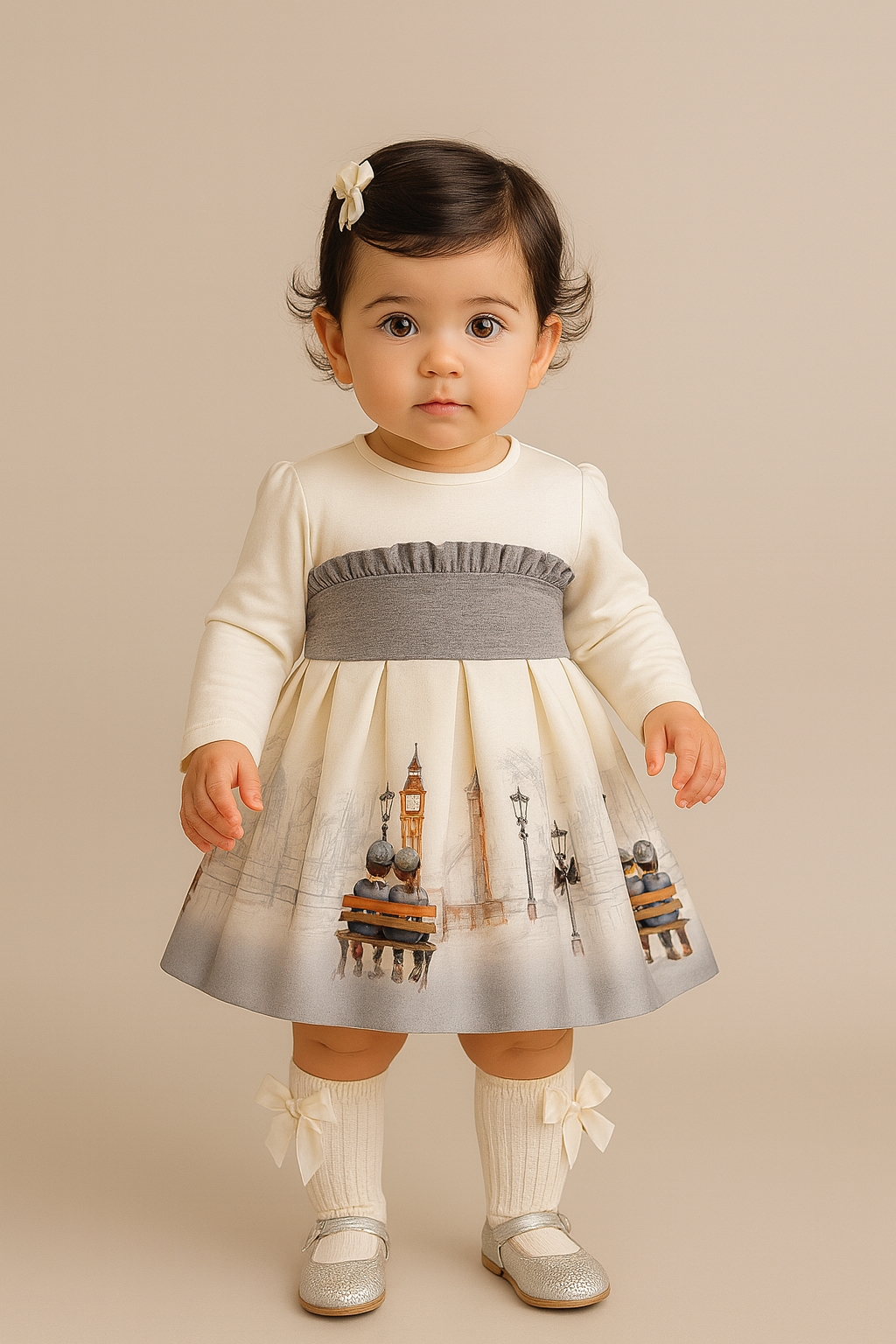 Miranda Baby Girl Ivory & Grey London Print Dress
