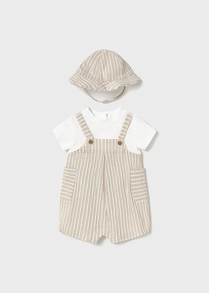 Mayoral Baby Boy Beige Stripe Cotton Romper & Hat Set
